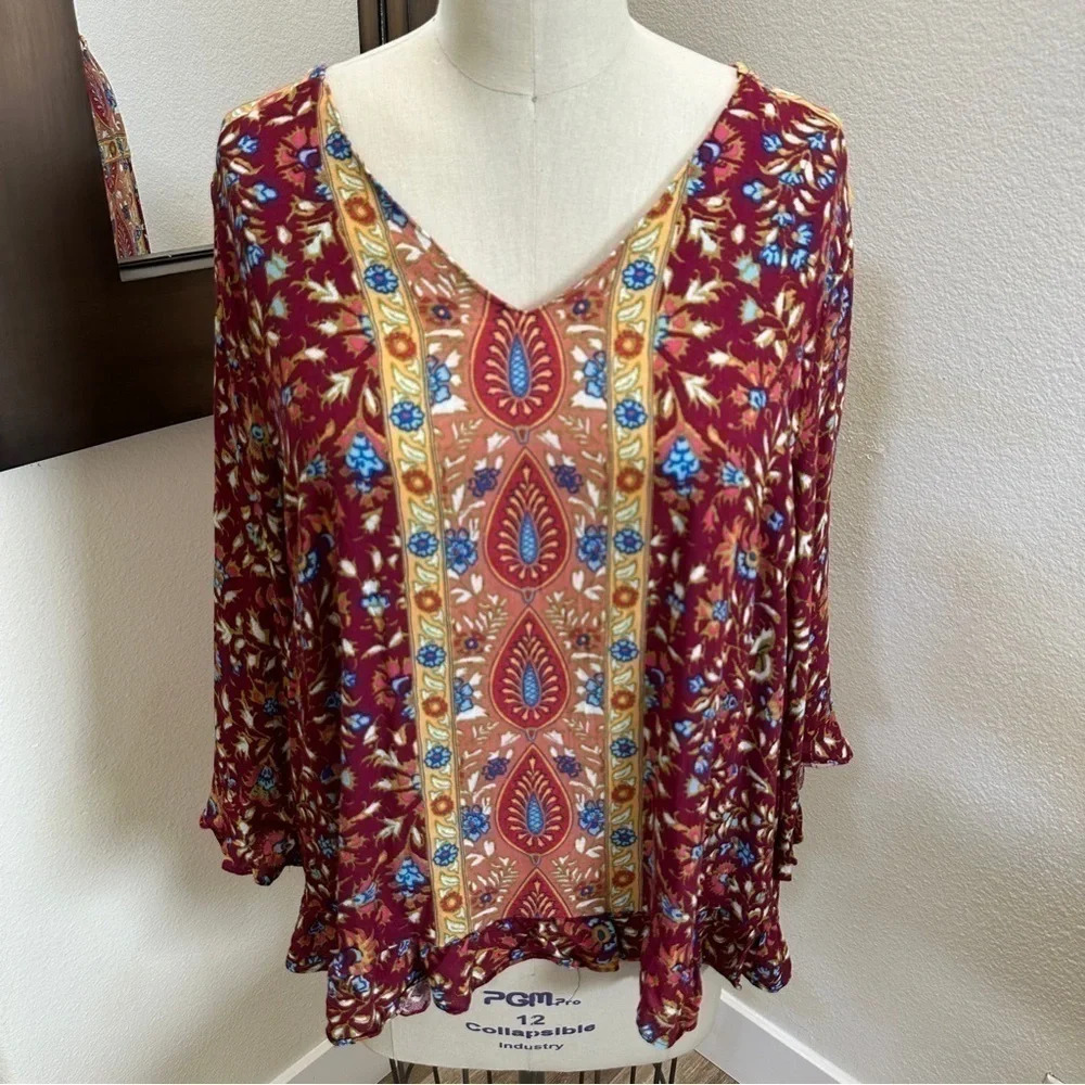 Haute Hippie Boho Floral Print Top with Ruffles - 1X and NWT - Picture 2 of 4